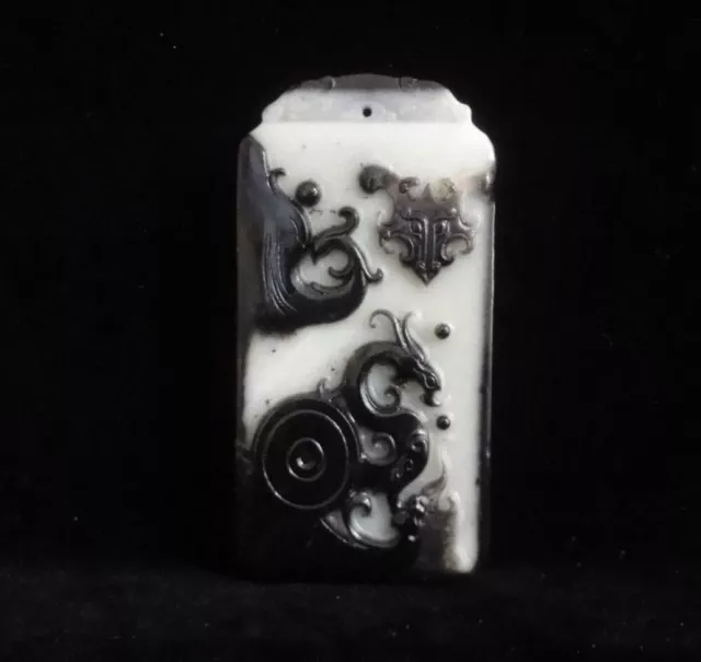 Fine Old Chinese Hand Carving Dragon White Black Nephrite Jade Pendant