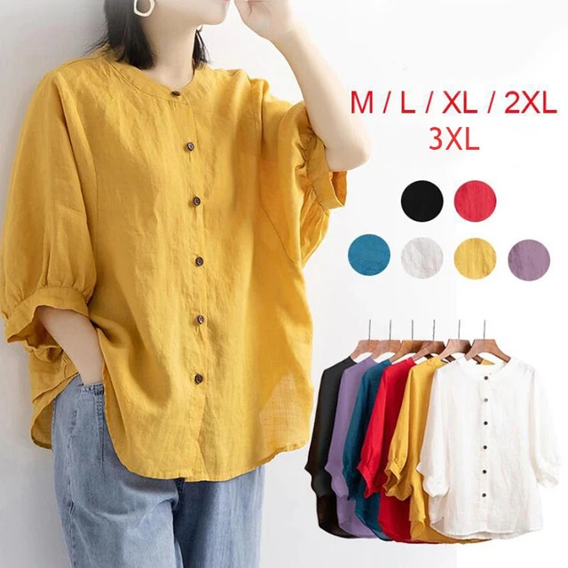 Damen Tuniken Vintage Ärmel Lose Tops Shirts Puff Leinen Frauen Casual ~ F