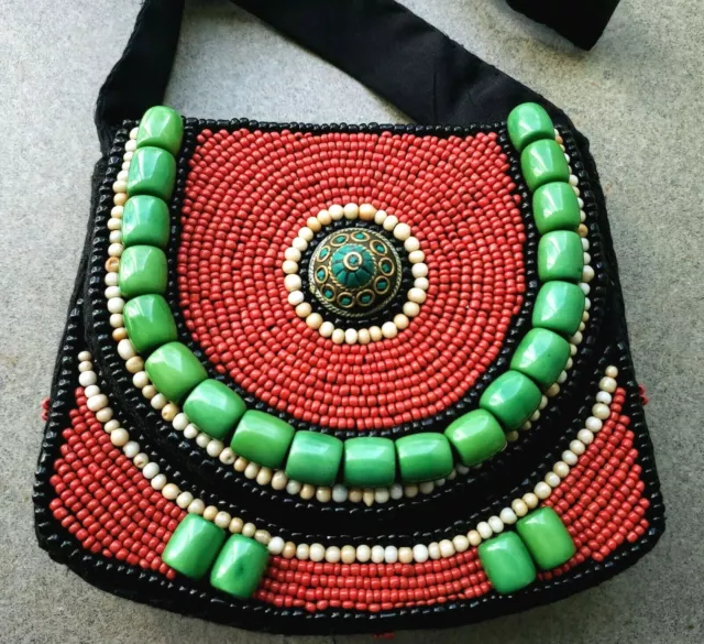 TIBETAN Beaded Coral & Turquoise & Shell Black Fabric Purse Handbag Handmade