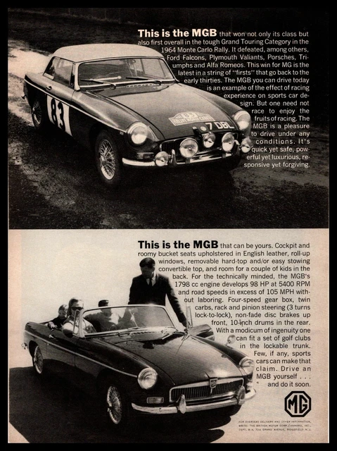 1964 MGB Mark 1 Convertible Roadster 1798cc Engine Monte Carlo Champ MG Print Ad