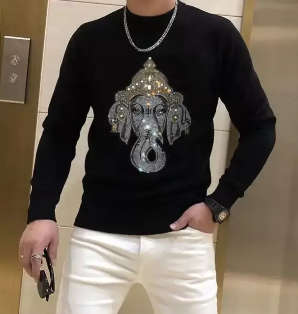 New Men Luxury Diamond Elephant Rhinestones Fashion Knitted Black Sweater