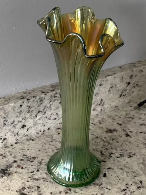 Wave Top Carnival Glass Vase Vtg Green Yellow Ribbed Iridescent Fenton?