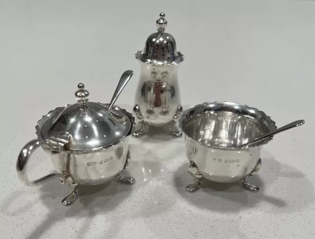 Williams Suckling Sterling Silver Cruet Set Mustard/Pepper Pots & Salt Cellar