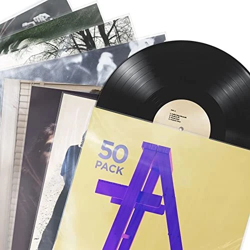 Claev Record Sleeves for Album Covers, 50 Clear Plastic Outer Sleeves to Prot...