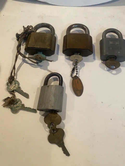 4 Vintage Padlocks-1930-Era-2 Brass Yale Locks-1 Eagle-1 Slaymaker-Keys Included
