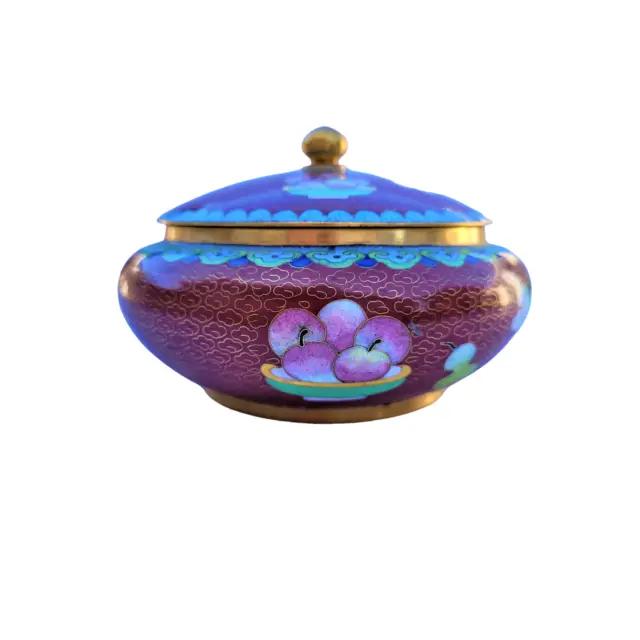 Vintage Chinese Blue Brown Floral Fruit Cloud Cloisonné Lid Canister Jar