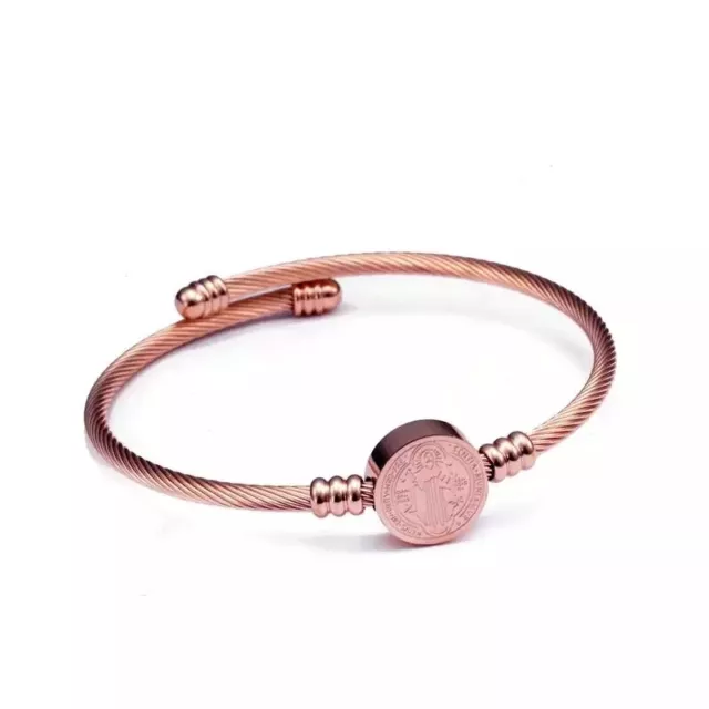 ZARD St Benedict Engraved Charm Cable Wire Twisted Cuff Bangle in Rose Gold