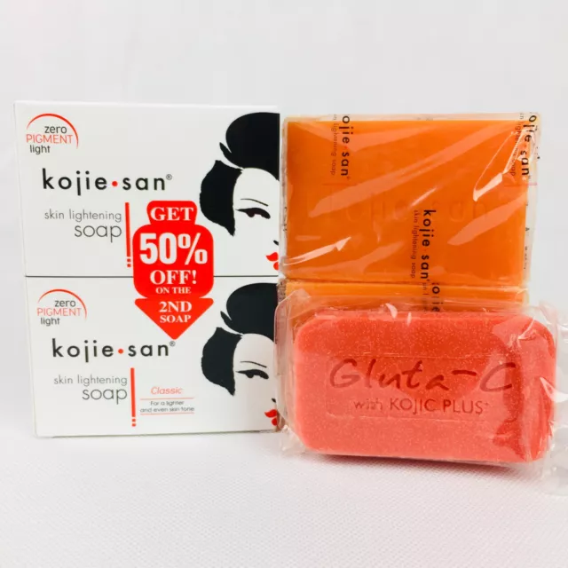 Kojie San Kojic Acid Lightening Soap 135g x 2 Bars + Gluta-C Glutathione Soap