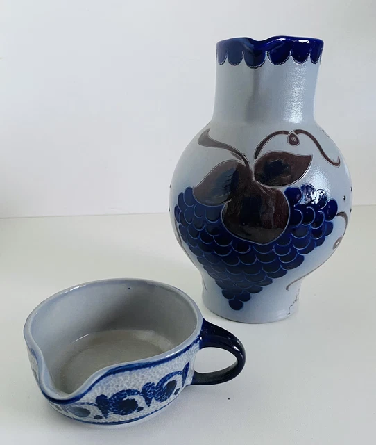 WEINKRUG STEINZEUG MOSTKRUG Handarbeit Blau Grau Topf Klein Schälchen ...