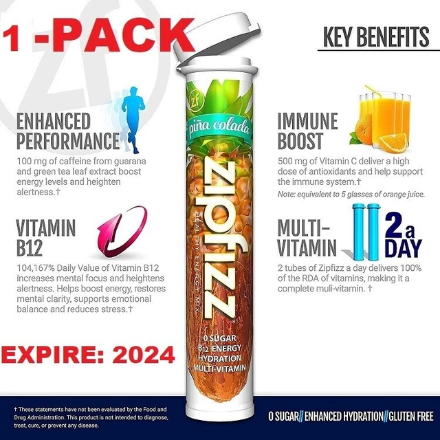 EXP 2024 ZIPFIZZ Pina Colada MultiVitamin Energy Hydration Drink Mix
