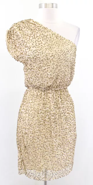 Alice and Olivia Beige Gold One Shoulder Sequin Beaded Cocktail Party Dress XS