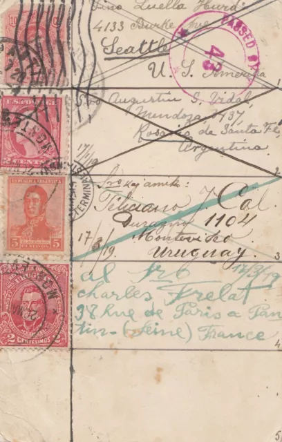 Uruguay 1919: post card Paris, Argentina, Montevideo, Seattle