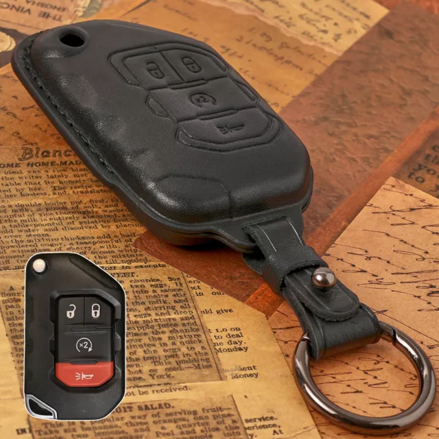 For Jeep Wrangler 2023 Genuine Leather 4 Button Key Fob Case Cover Shell Holder/