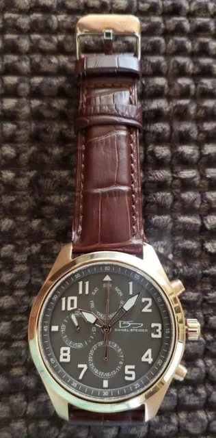 Daniel Steiger Men's Rose Gold Watch Black Chronograph Dial Brown Leather Band
