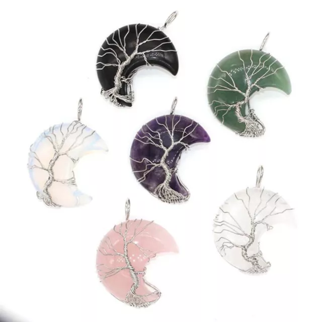 Natural Crystal Gemstone Tree of life Moon Pendant Energy Reiki Healing Amulet