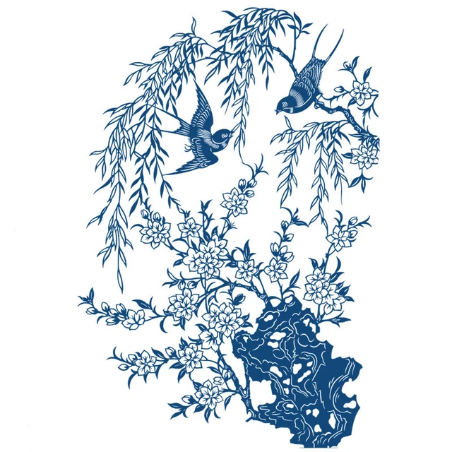 15" Chinese Folk Art Cut Paper Silhouette blue and white kirigami Cutouts spring