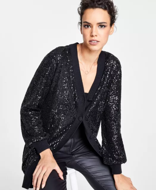 MSRP $120 Inc International Concepts Overd Sequin Cardigan Black Size Small