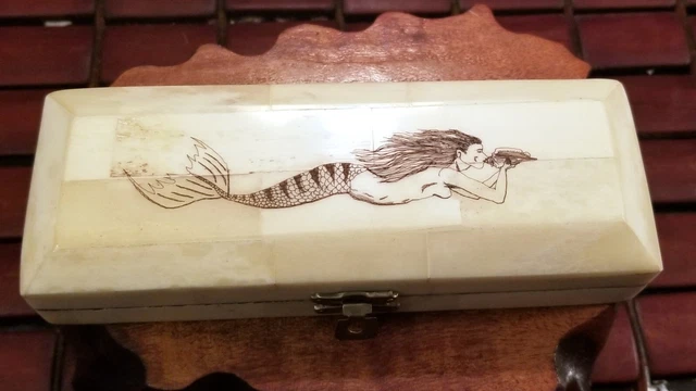 Mermaid Engraved Vintage Scrimshaw Style Bone Box w Brass Hinges & Clasp