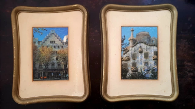 Pareja cuadros antiguos modernista Gaudí Barcelona vintage