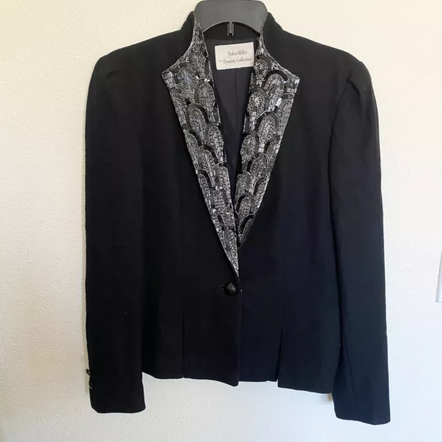 Nolan Miller Dynasty Collection Black Wool Blazer Beaded Sequin Collar Women 6