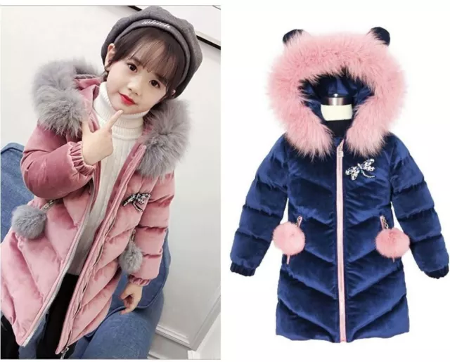 Kids Girls Thick Velvet Quilted Jacket Fur Collar Long Parka Hooded Coat Winter
