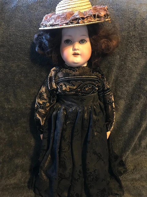 Huge! ANTIQUE 21" ARMAND MARSEILLE BISQUE HEAD W/ LEATHER BODY DOLL black dress