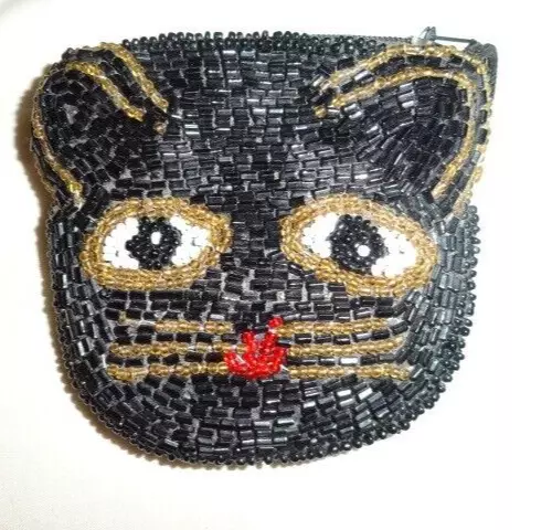 Black Cat Glass Beaded Kitten Kitty Zip Lined Change Coin Purse 4 x 4"