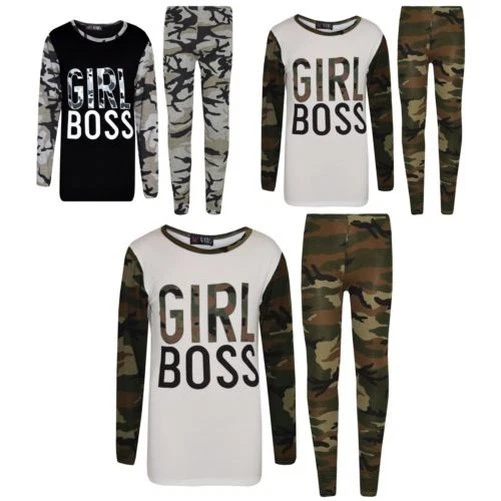 Top Ragazze Bambini Boss Mimetica T Shirt Maglietta & Set Leggings 7-13 Anni