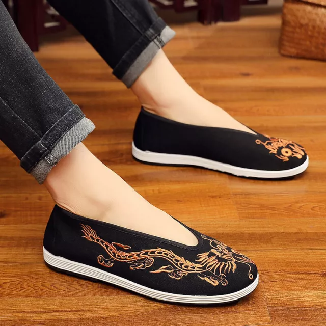 Mens Chinese Shoes Slip On Loafers Dragon Embroidery Tai Chi Martial Arts Retro