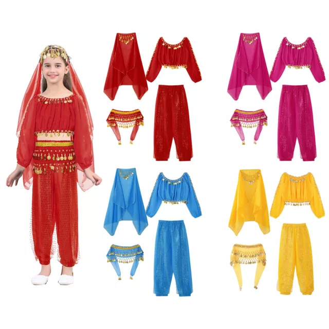 Kids Girls Fancy Dress Sequined Belly Dance Costume 4-Piece Outfits Set Pants