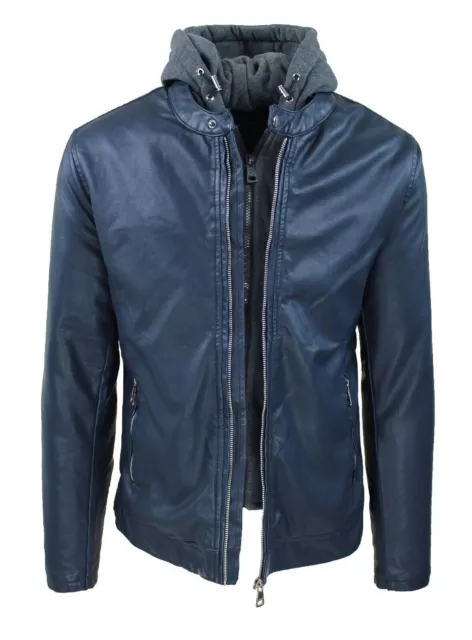 Giubbotto ecopelle Biker uomo blu slim fit giacca giubbino con cappuccio felpa