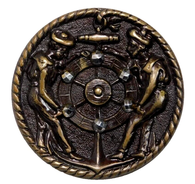 Large Antique Vtg Picture BUTTON FRENCH Sailors in Brass w Bright Steels NICE