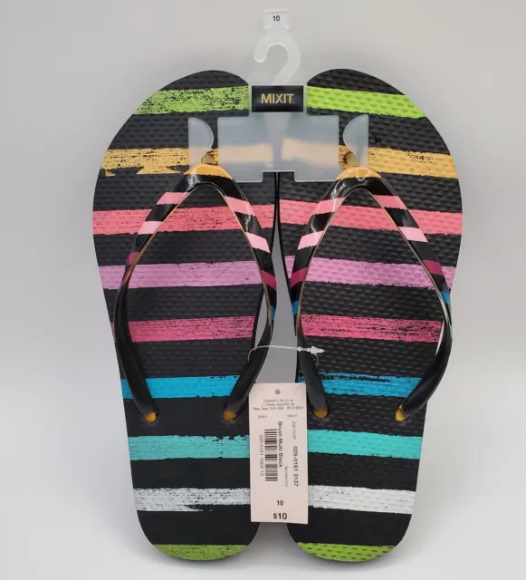 MIXIT Shoes Womens 10 Black Rubber Multi Colored Striped Thong Flip Flop JCP NEW