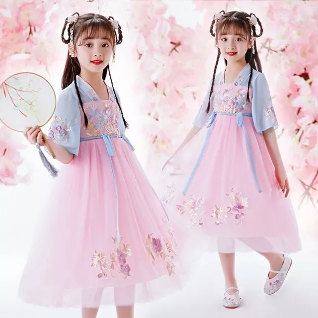 Ragazza Floreale Abito Ricamato Rete Rétro Indossare Antico Costume Cinese Hanfu