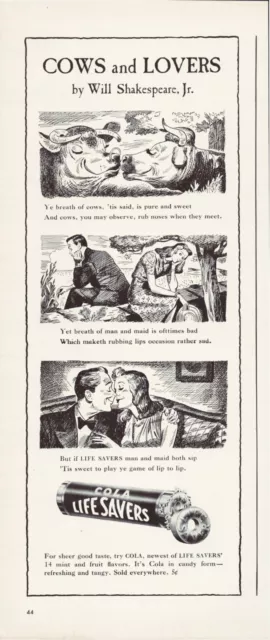 Print Ad Cola Life Savers 1940 Cows Lovers Cartoon Half-Page Magazine 5"'x12"