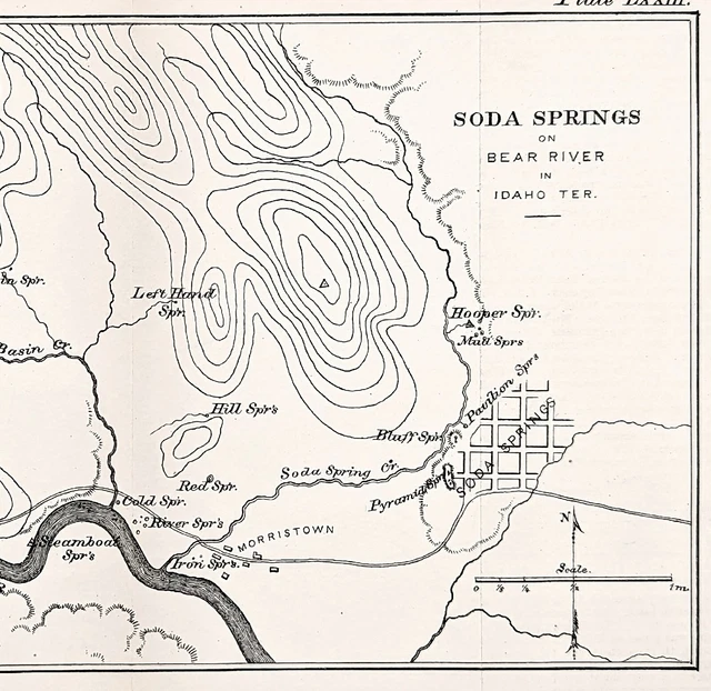 1877 SODA SPRINGS Idaho Territory Map Oregon Trail Route Bear River