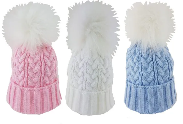 Baby Cable Knit Bobble Hat Fur Pom Pom Girls Boys Warm Winter Knitted Hats