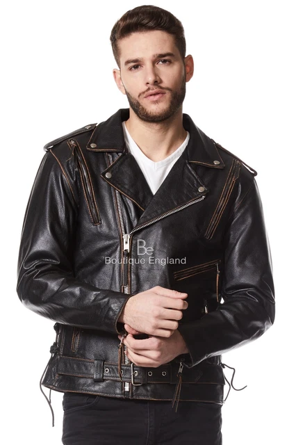 Brando Mens Biker Leather Jacket Black Distressed - Real Cow Hide, MBF Eagle, Waist Length