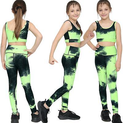 Girls Honeycomb Green Leggings Crop Top Vest Dance Yoga Exercise High Waist Set