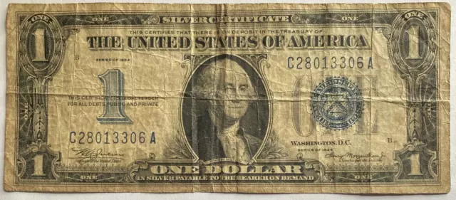FR. 1606 1934 $1 ONE DOLLAR “FUNNYBACK” SILVER CERTIFICATE No pin Holes Fine
