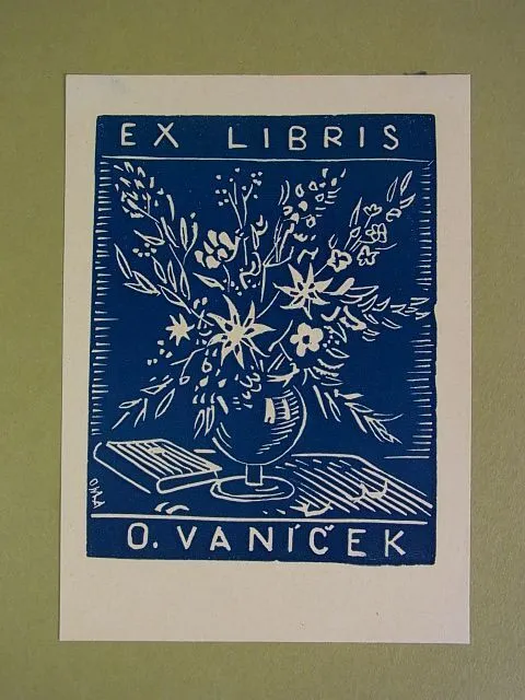 Alois Moravec: Exlibris O. Vanicek. Motiv: Blumen in Vase und Buch. Linolschnitt