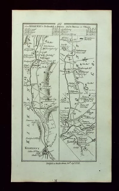 IRELAND, KILKENNY, BALLYNAKILL, ROSCREA antique road map, Taylor & Skinner, 1783