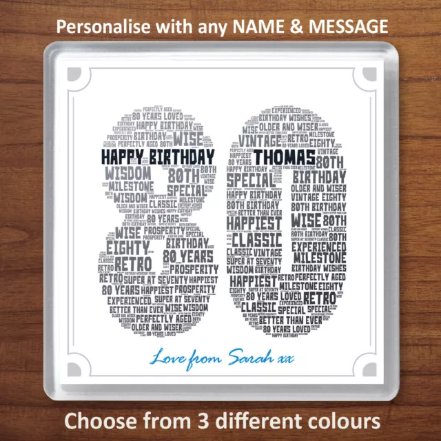 80th Birthday Personalised Word Art Drinks Coaster Gift Present 80 Eighty