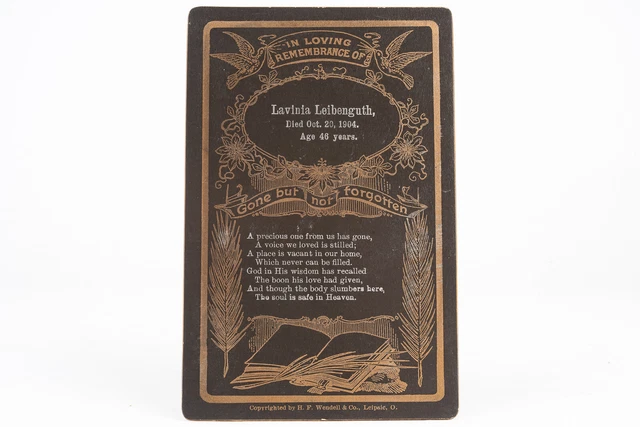 Died 1904 Lavinia Leibenguth Victorian Death Mourning Funeral Card Black Gold V6