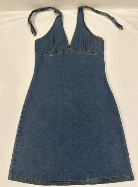 Vintage 90's Aqua Blues Women's Junior's Denim Stretch Halter Dress Size M