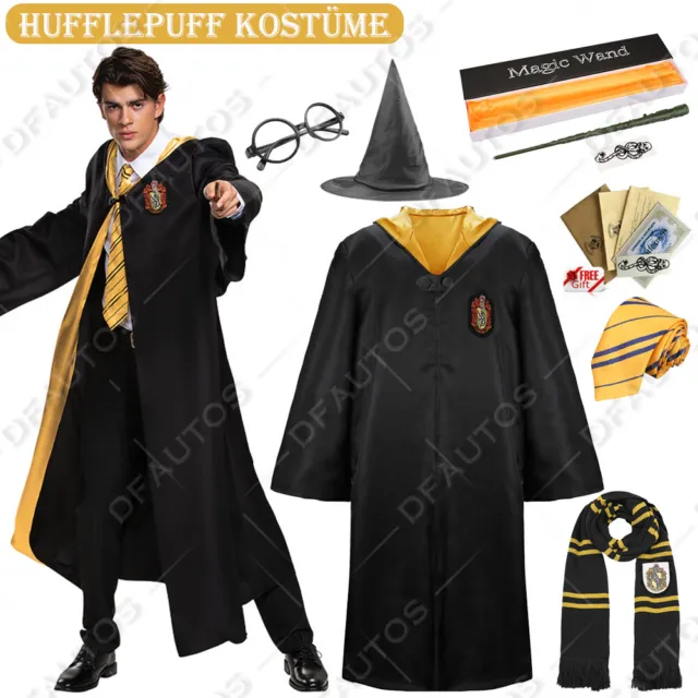 Harry Potter Kostüm Hufflepuff Robe Cape Mantel Umhang Krawatte Schal Zauberstab