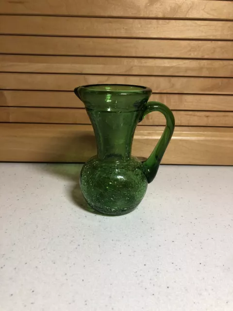 Vintage Miniature Hand Blown Crackle Glass Emerald Green 4" Handled Pitcher/Vase