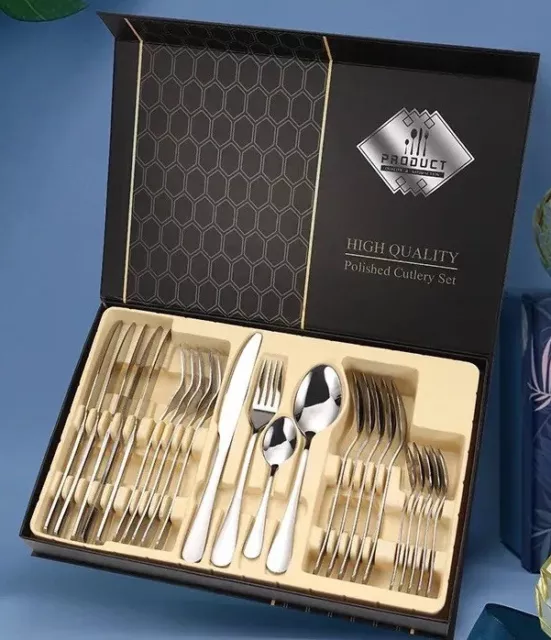 24pcs Stainless Steel Cutlery Set Knife, Fork, Spoon, Teaspoon, silver gold Gift