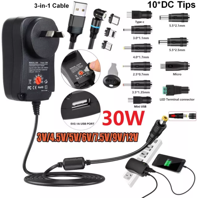 Universal AC/DC 3V-12V 30W Power Supply Adapters Adjustable Plug-in Wall Charger