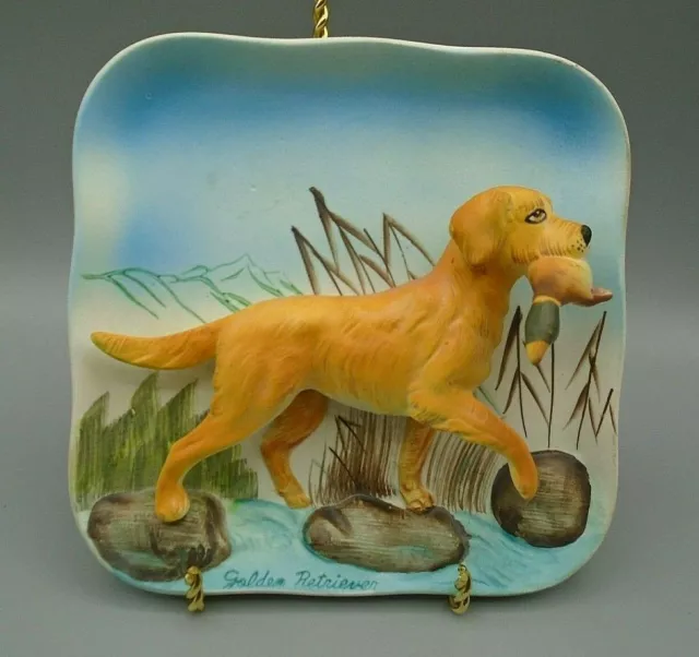 Vintage Napco Ceramic Golden Retriever Hunting Dog with Mallard Duck 3D Plaque